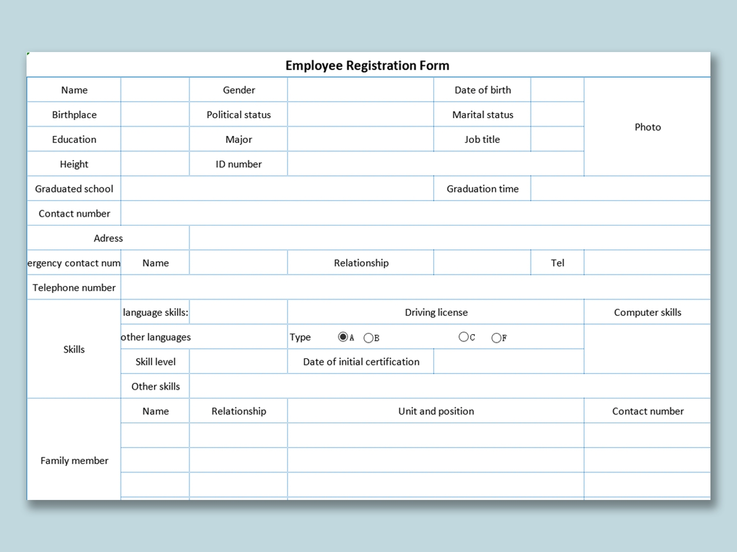 EXCEL Of Employee Registration Form xlsx WPS Free Templates