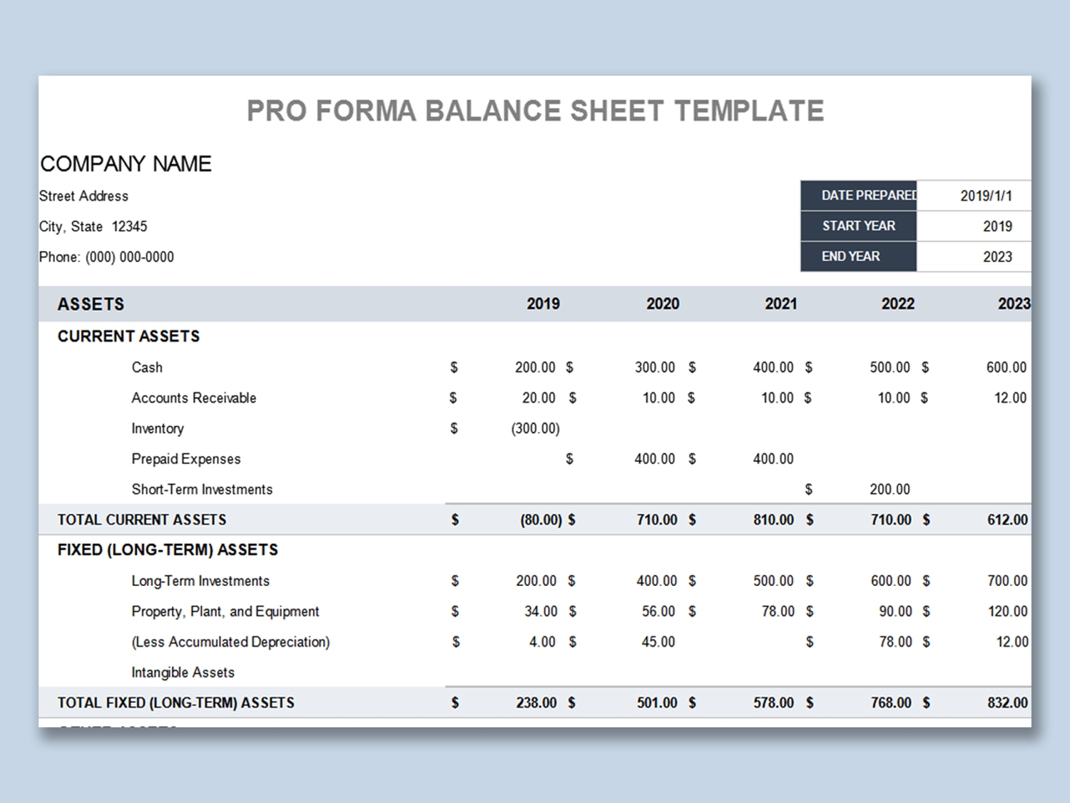 Pro Forma Balance Sheet Template
