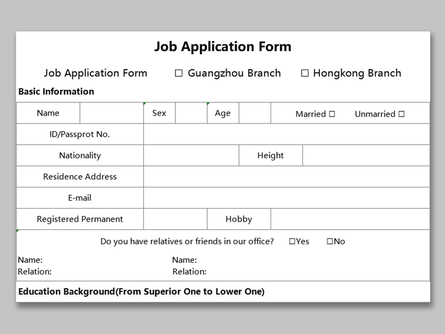 Template For Job Application Form