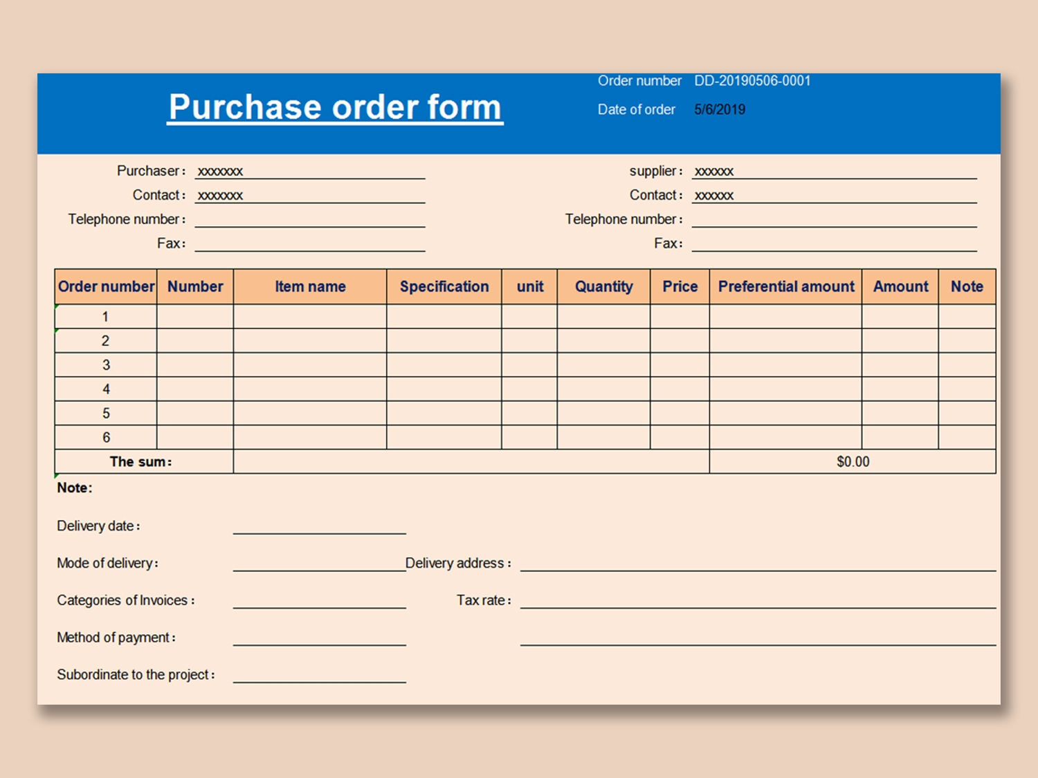 EXCEL Of Purchase Order Form xlsx WPS Free Templates