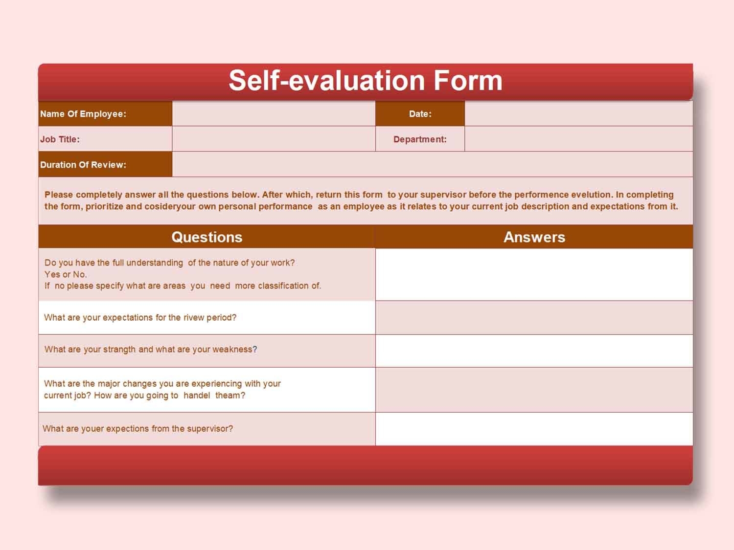 EXCEL Of Self Evaluation Form xlsx WPS Free Templates