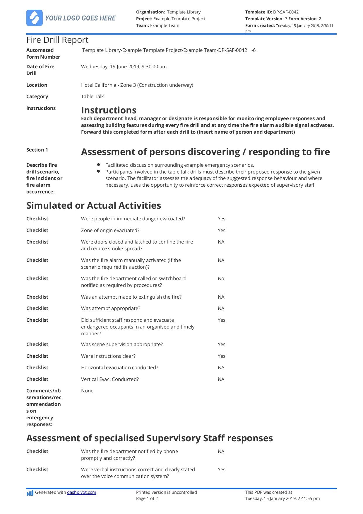 Fire Drill Report Template Sample Smarter Than Word