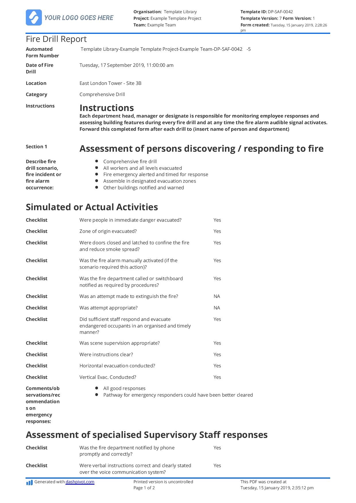 Fire Drill Report Template Sample Smarter Than Word