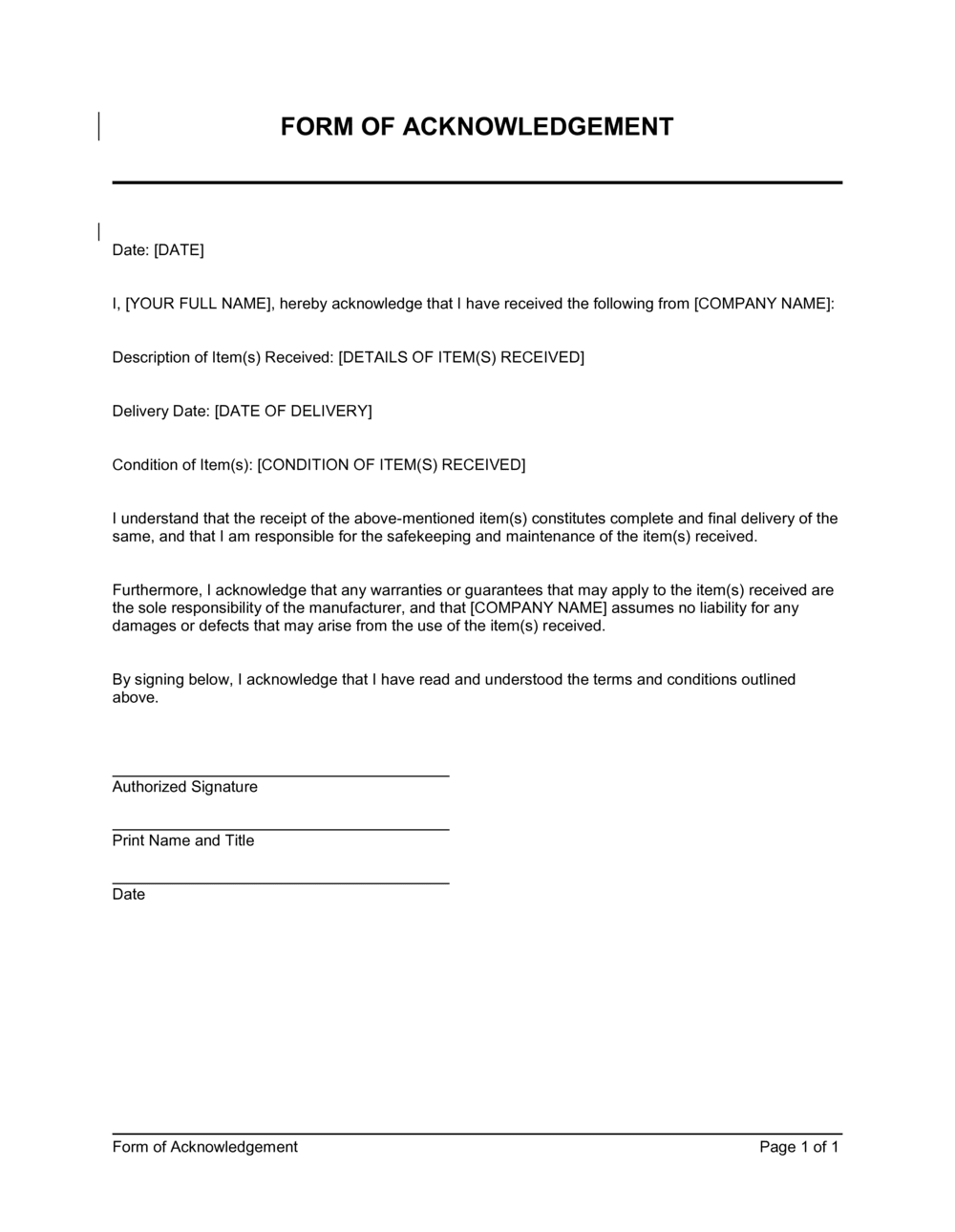 Form Of Acknowledgement Template
