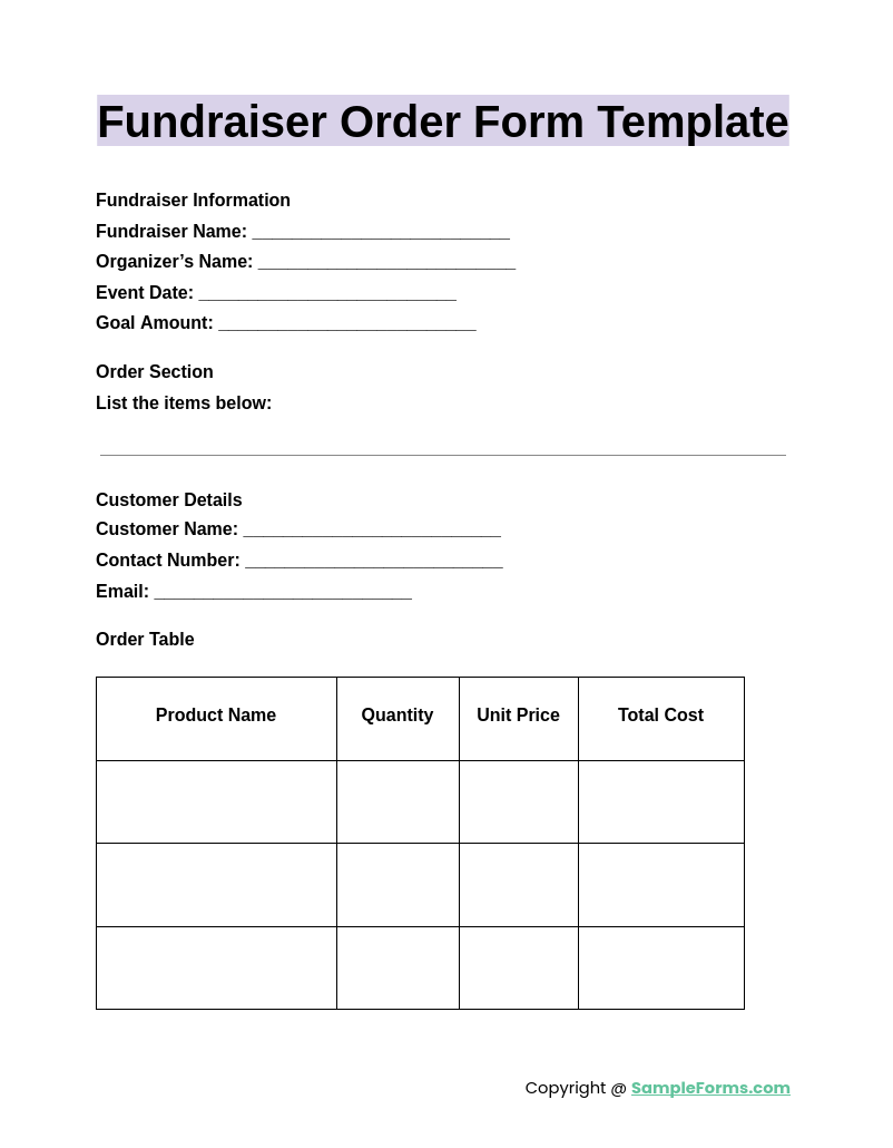 FREE 14 Fundraiser Order Form Samples PDF MS Word Google Docs Excel