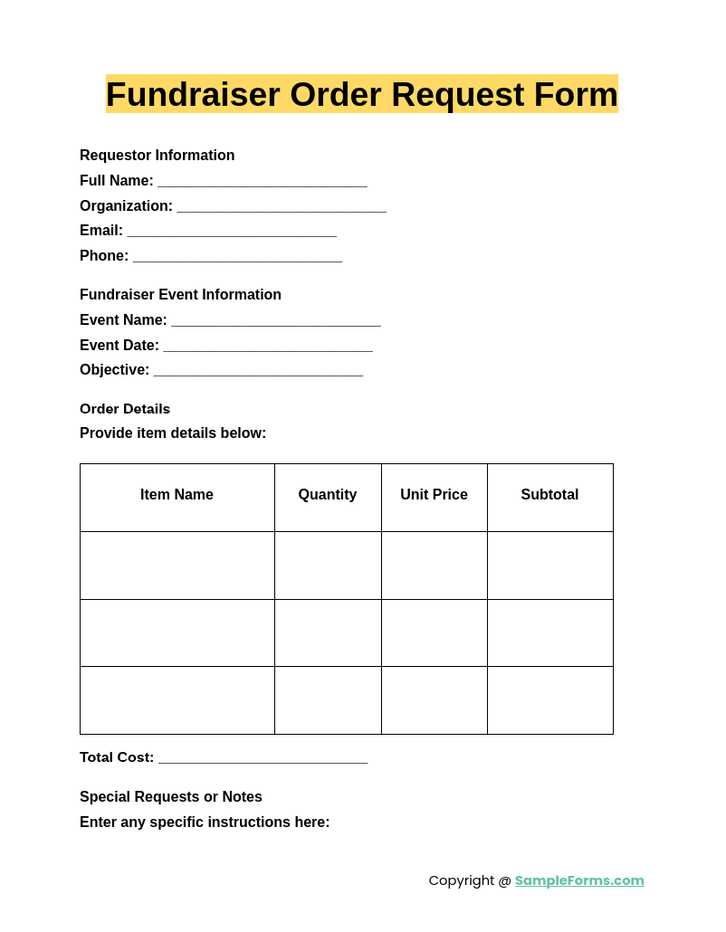 FREE 14 Fundraiser Order Form Samples PDF MS Word Google Docs Excel