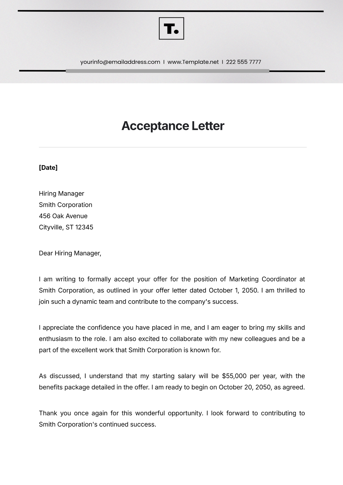 Free Acceptance Letter Templates Editable And Printable