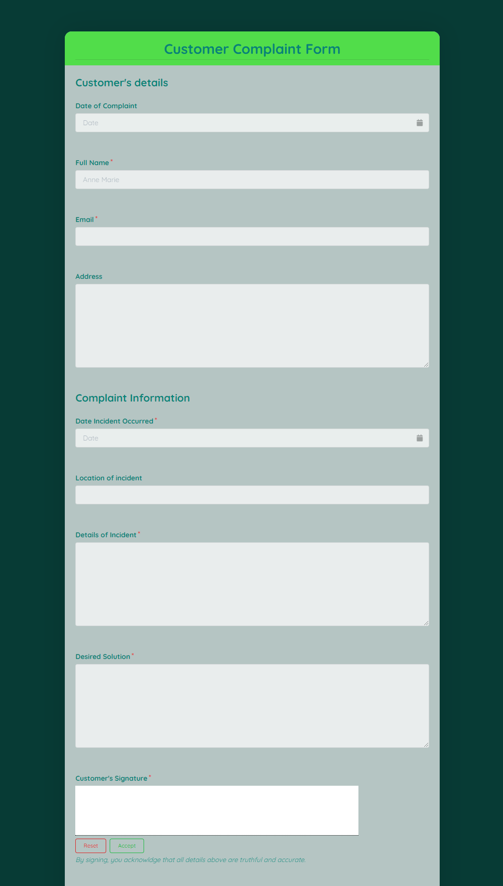 Client Complaint Form Template