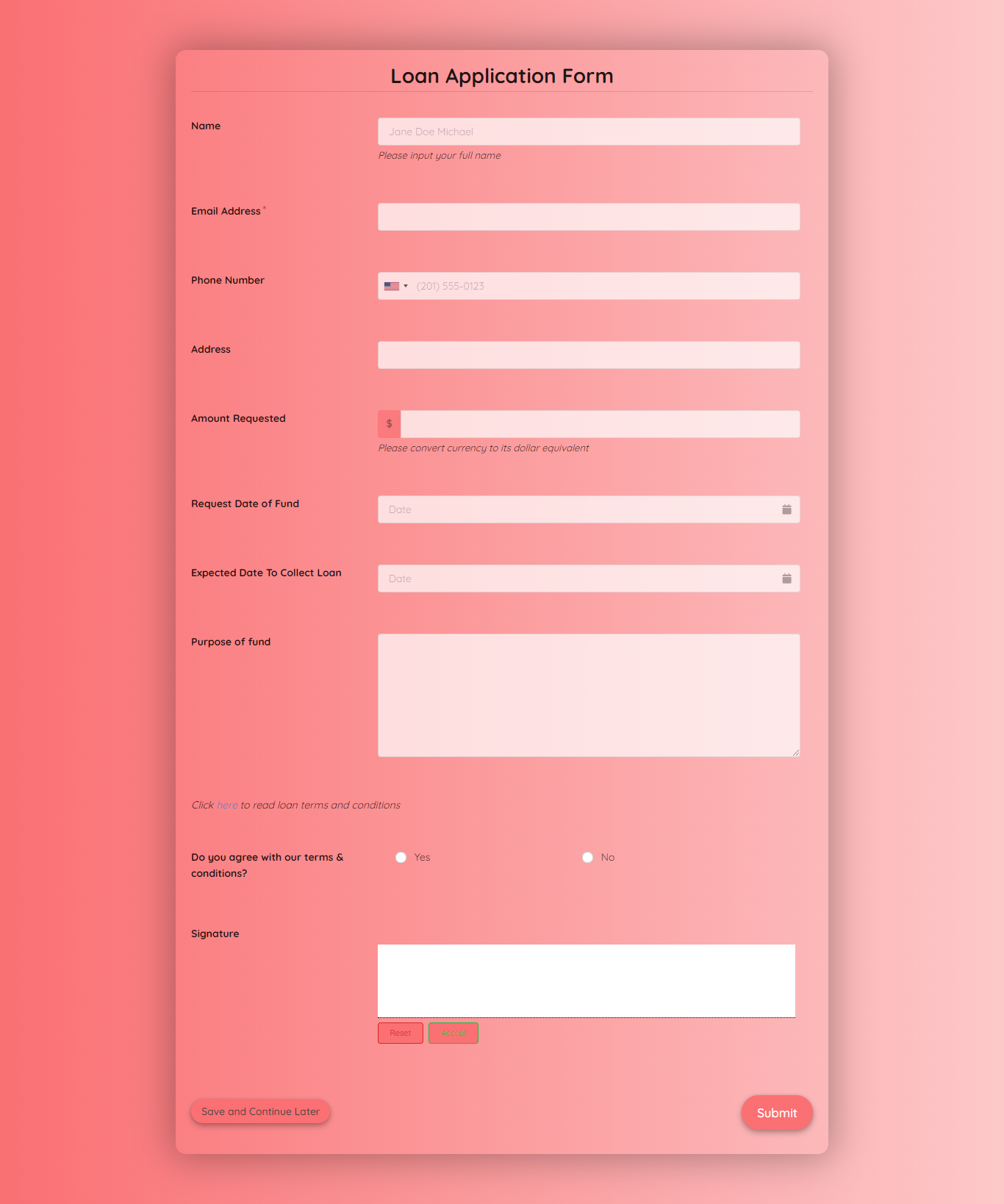 Dating Application Form Template