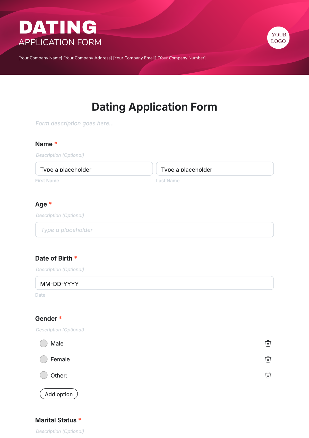 Free Dating Application Form Template To Edit Online