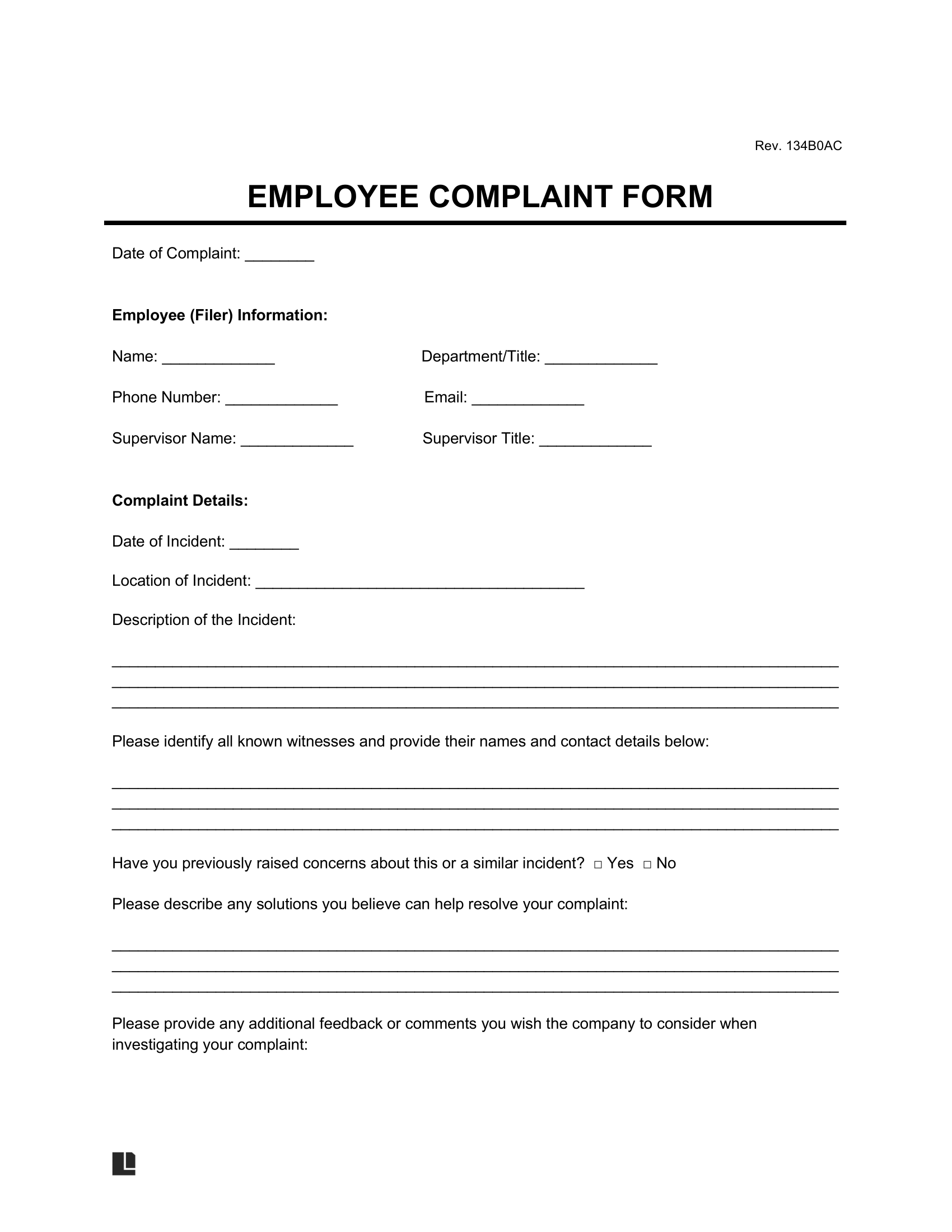 Free Employee Complaint Form PDF Word