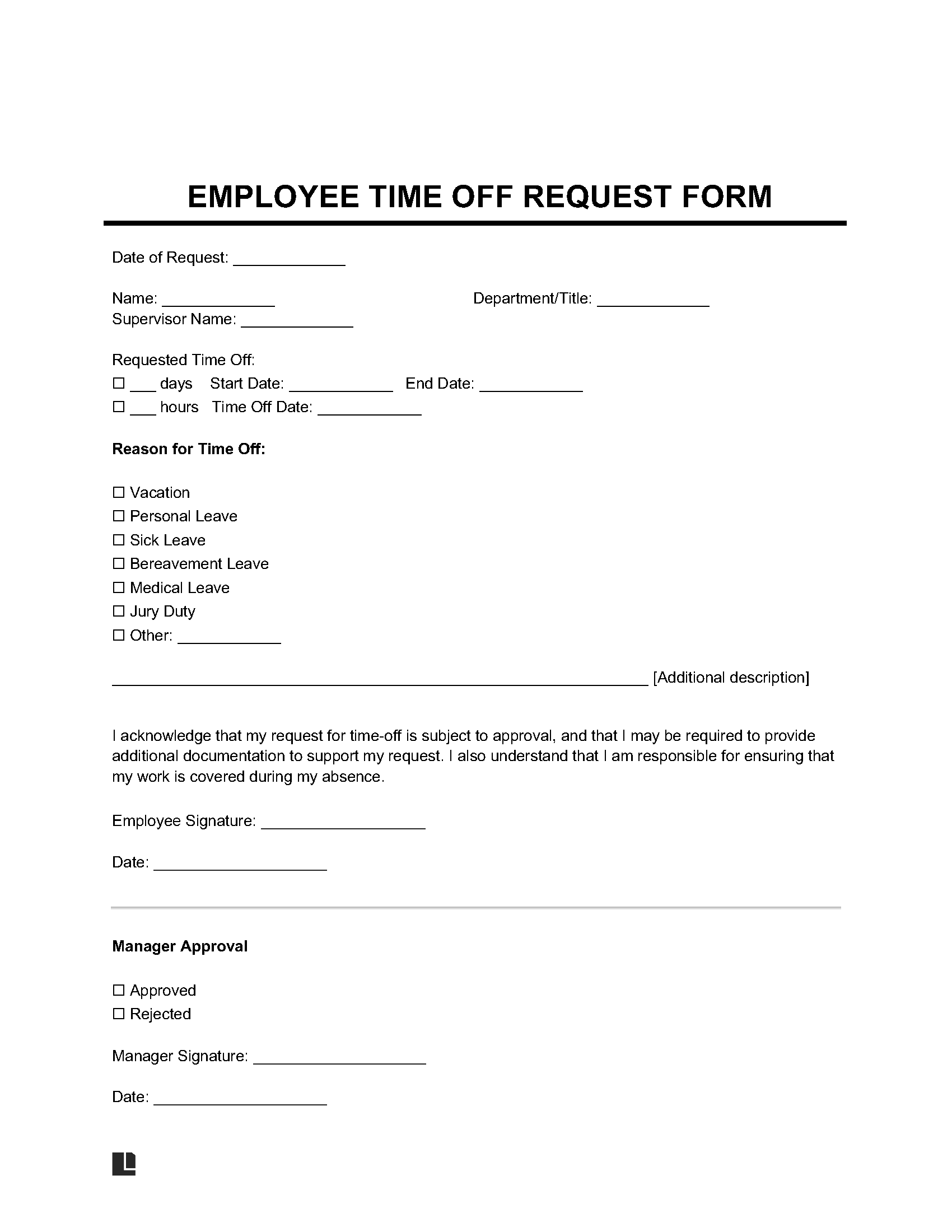 Free Employee Time Off Request Form Employee Leave Request Template Use For Vacation PTO Sick Leave