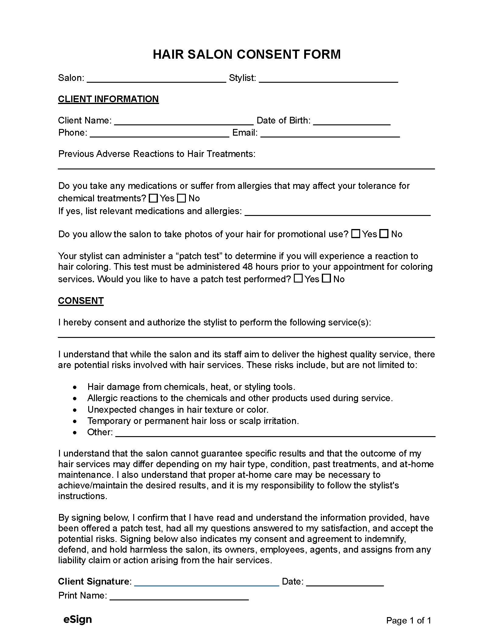 Free Hair Salon Consent Form PDF Word