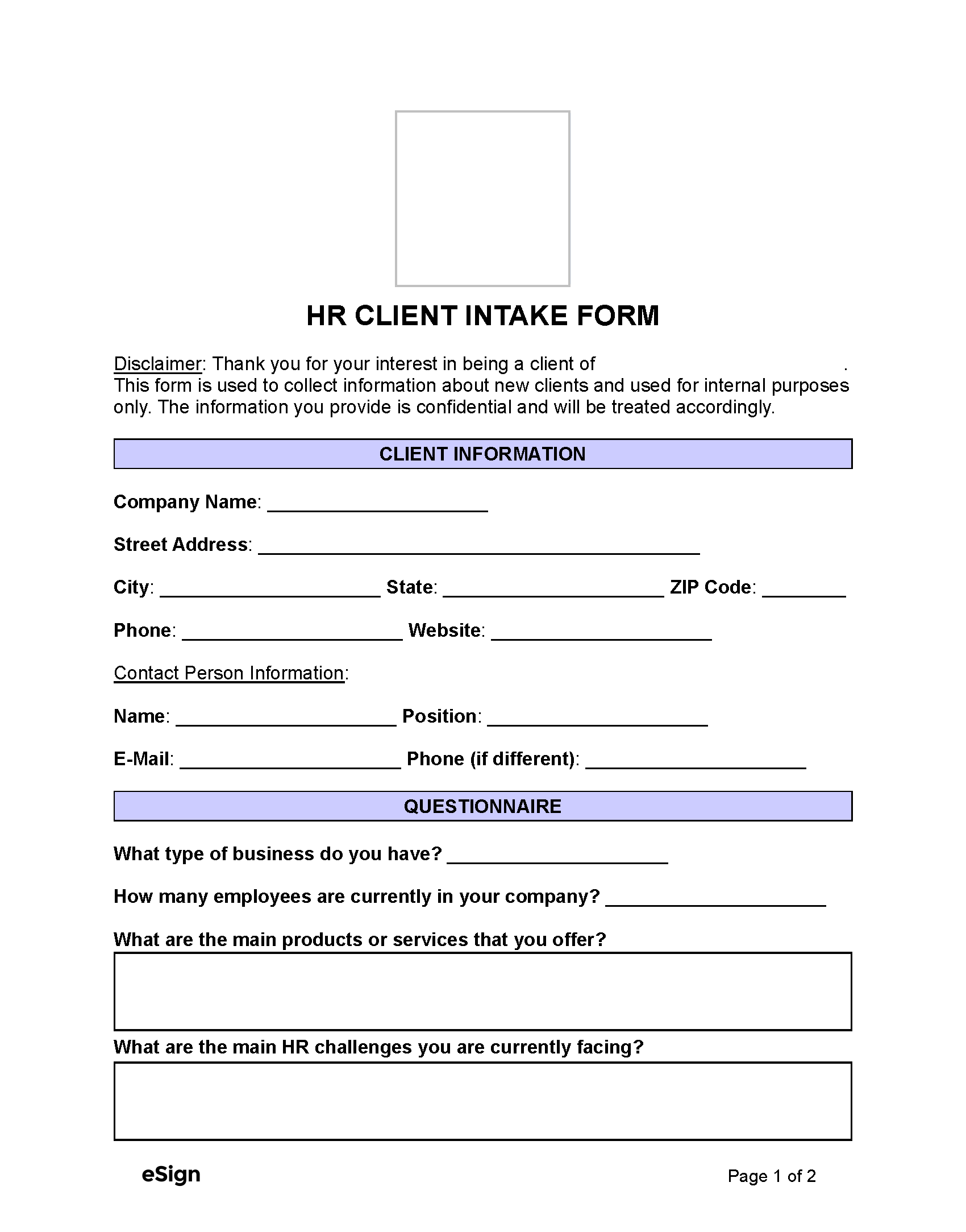 Free HR Client Intake Form PDF Word
