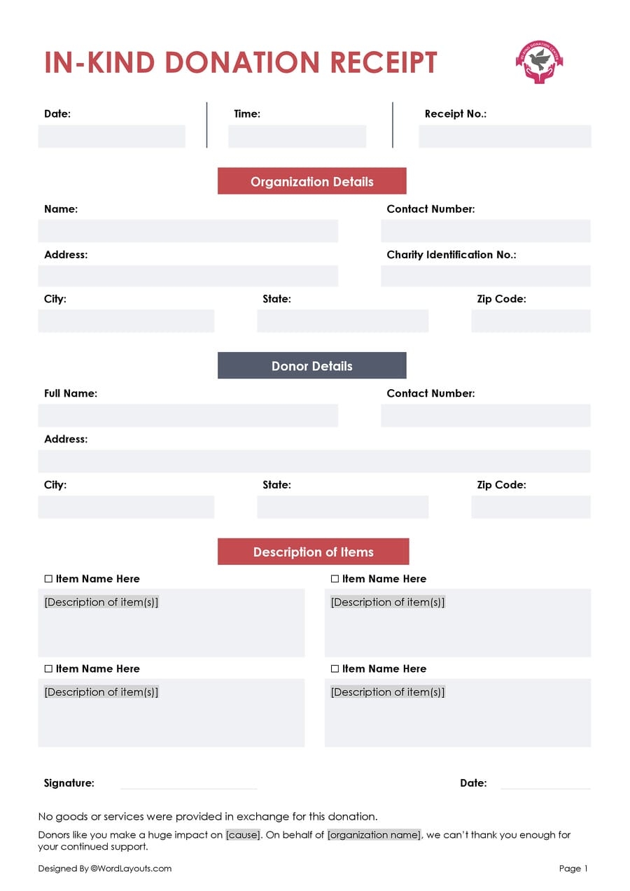 Free In Kind Donation Receipt Template WordLayouts