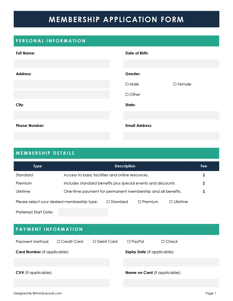 Free Membership Application Form Templates 6 Types WordLayouts