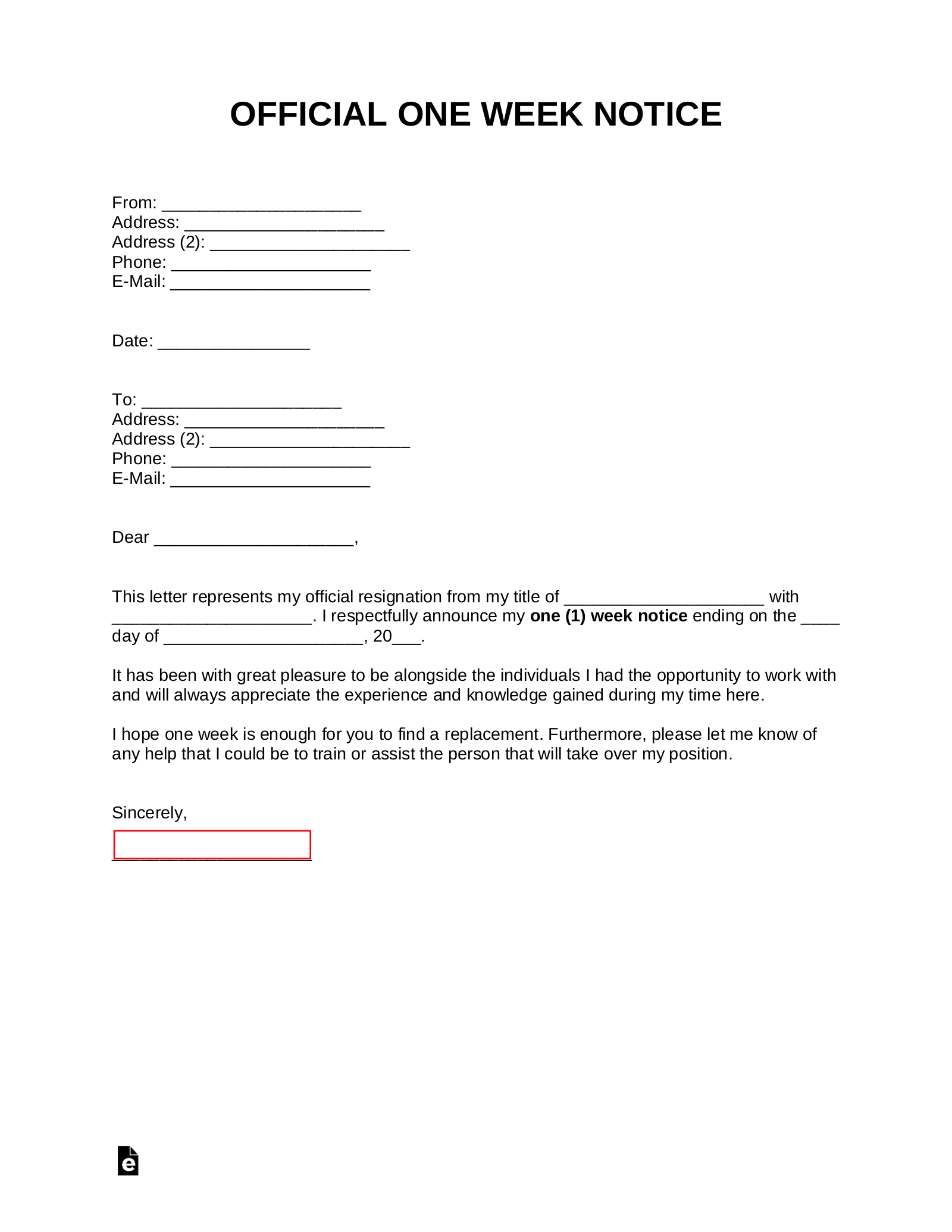 Free One Week Notice Letter Templates Samples PDF Word EForms