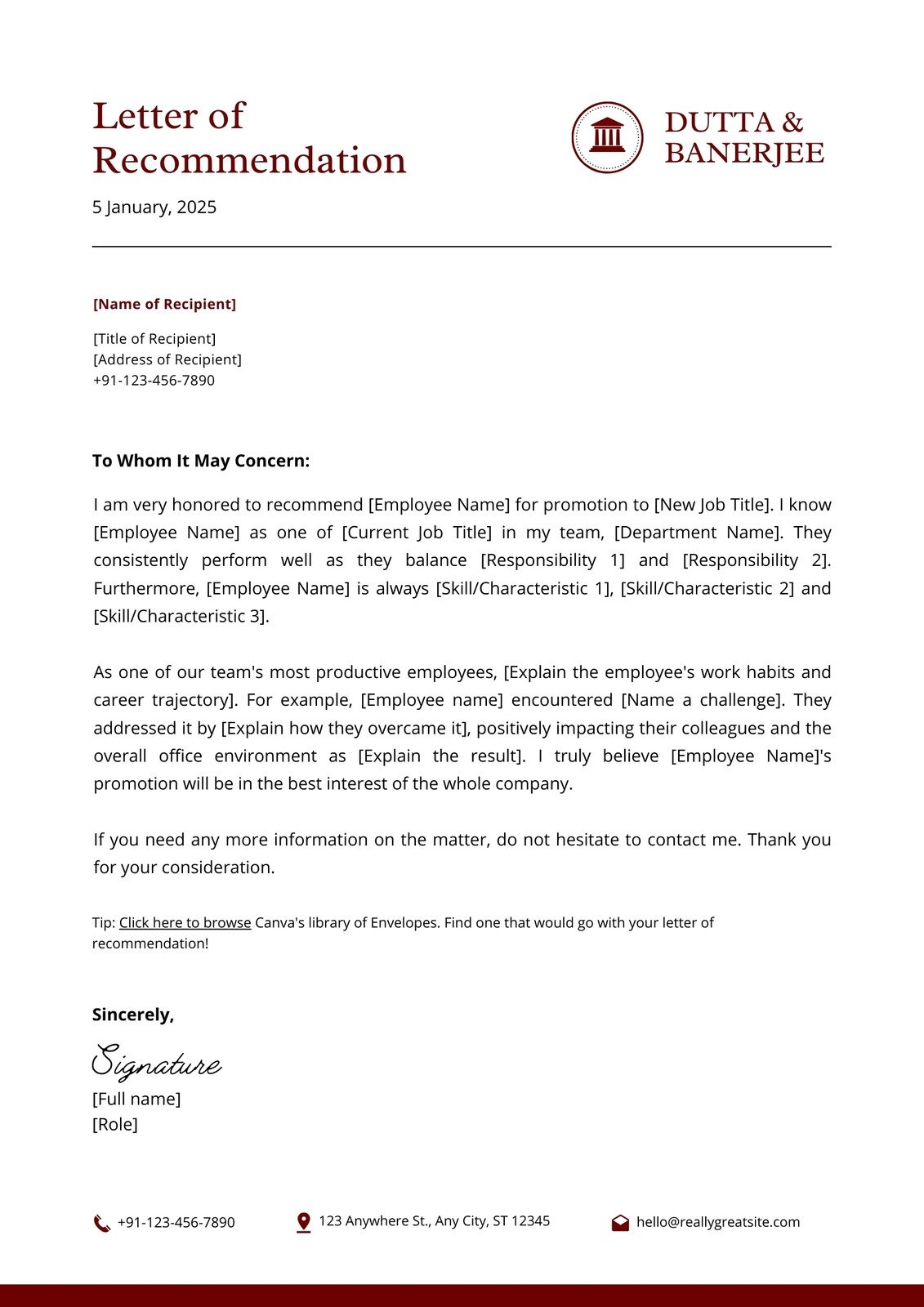 Former Employee Letter Of Recommendation Template