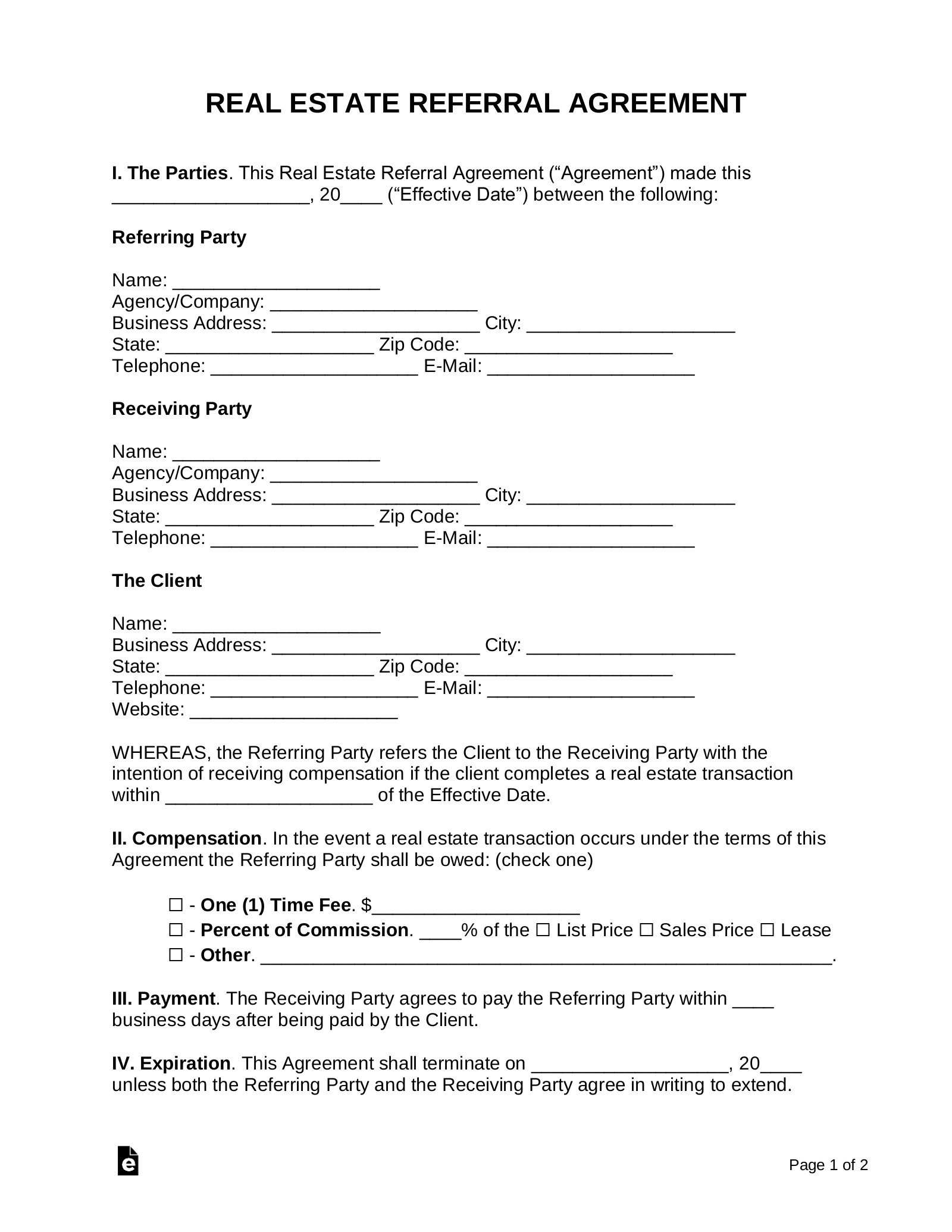 Free Real Estate Referral Agreement PDF Word EForms