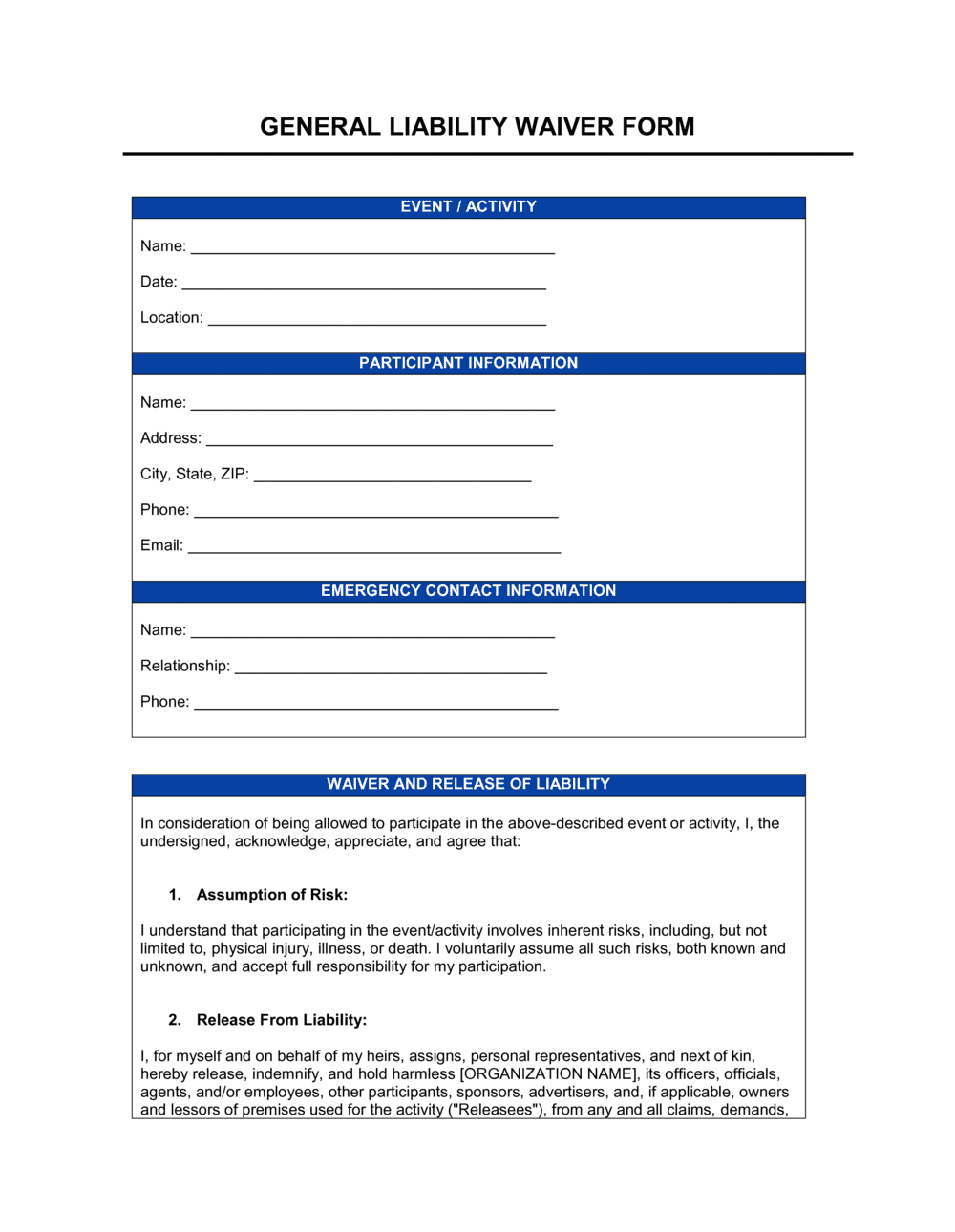 General Liability Waiver Form Template
