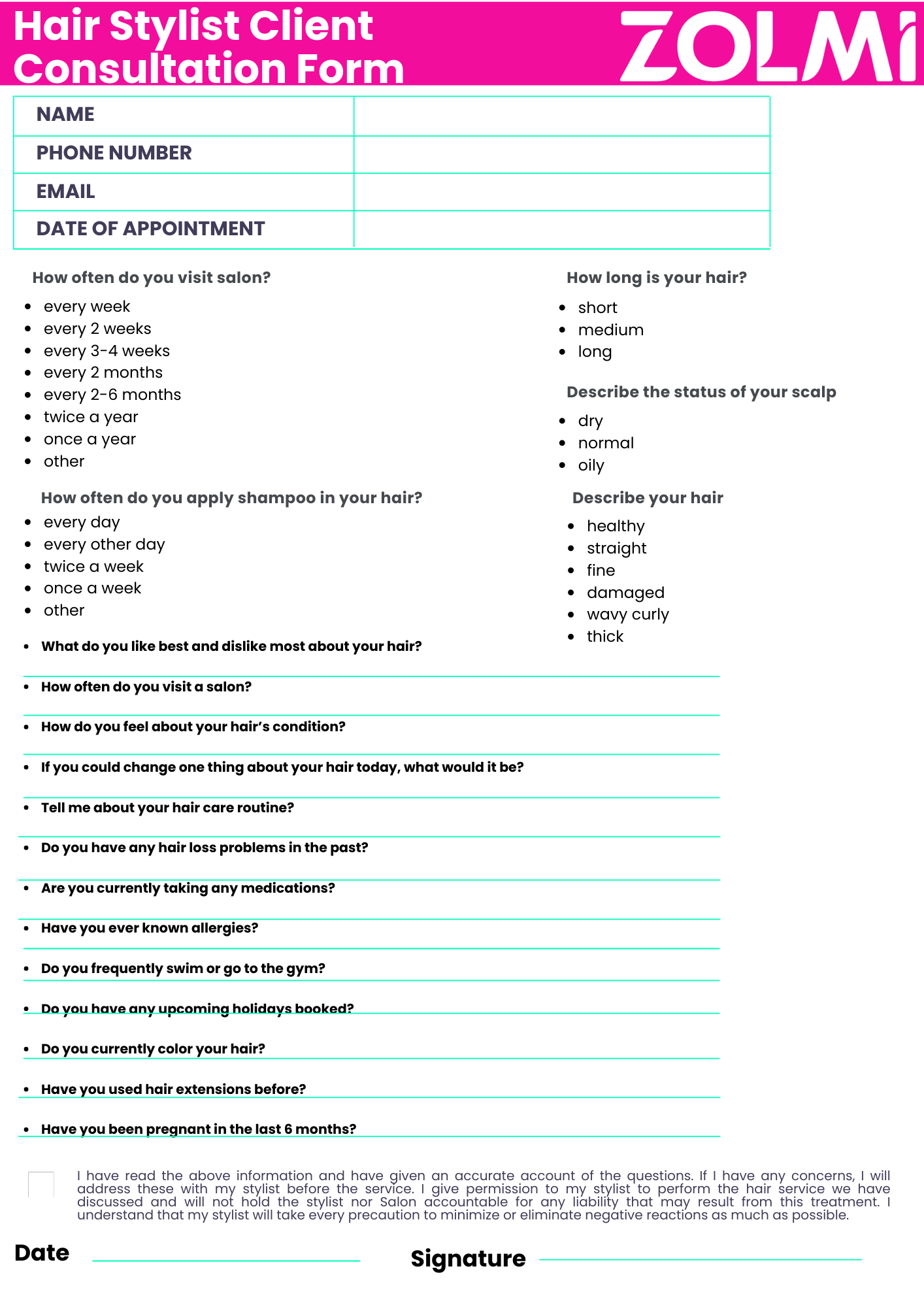 Hair Stylist Client Consultation Form Examples Zolmi