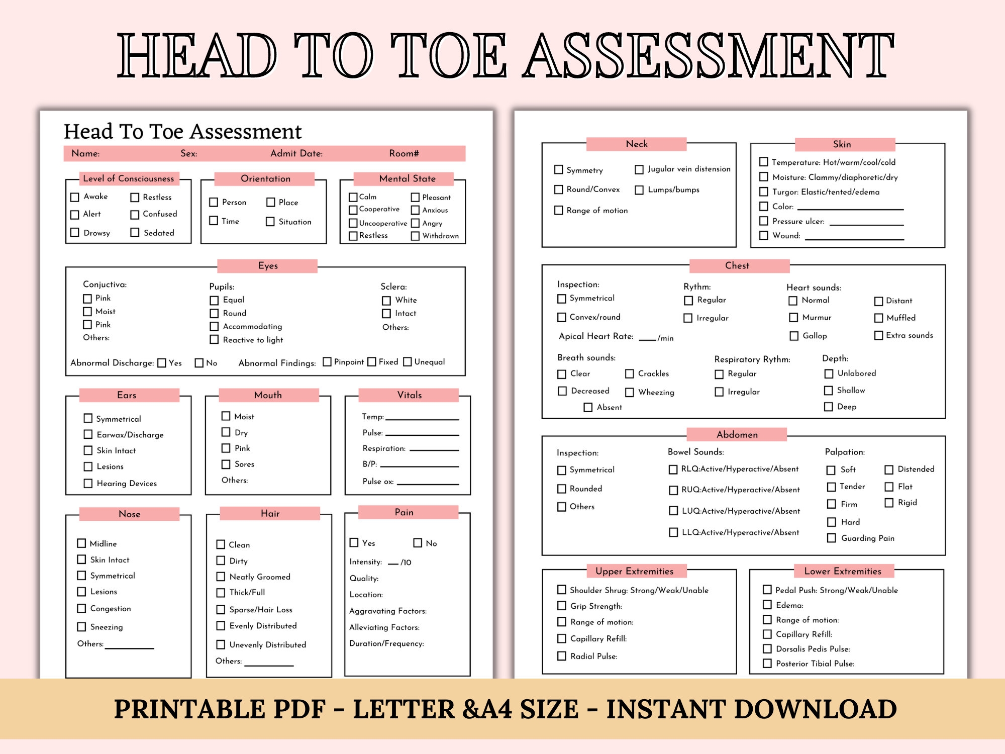 Head To Toe Assessment Template Nursing Checklist Nursing Student Notes Patient Assessment Template Health Assessment Class Etsy