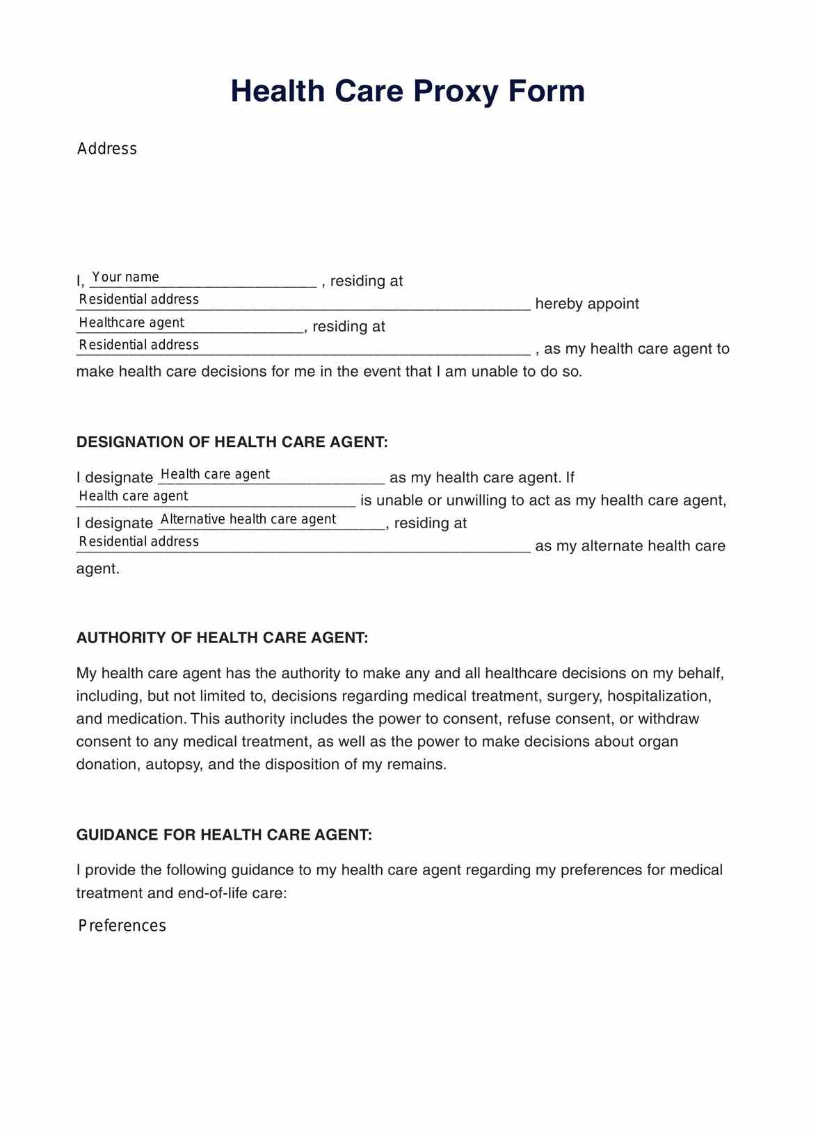 Health Care Proxy Form Example Free PDF Download