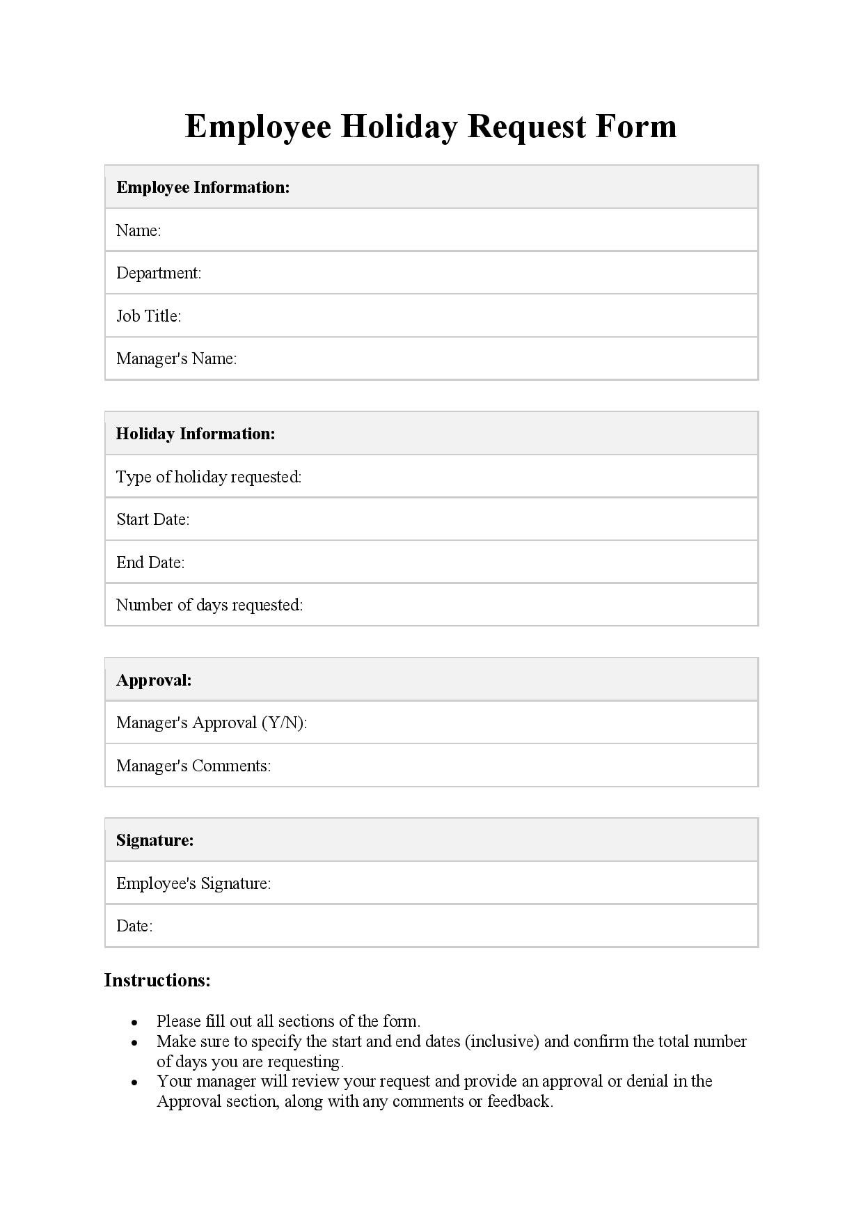 Holiday Request Form Template Free Download Easy Legal Docs