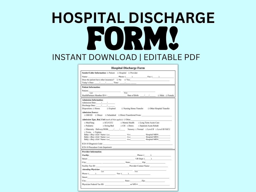 Hospital Discharge Form Editable PDF Template For Medical Offices Doctors Providers Instant Download Patient Medical Form PDF Etsy Israel