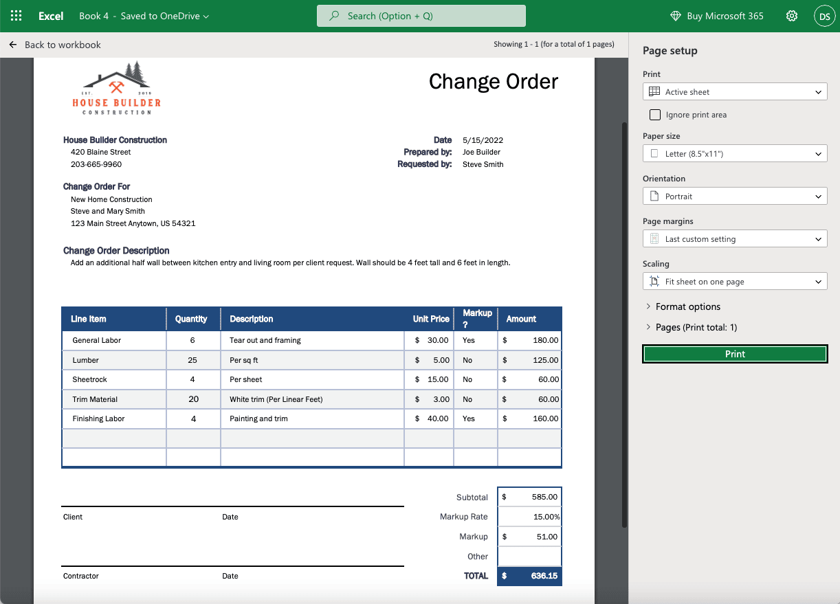 Construction Change Order Form Template
