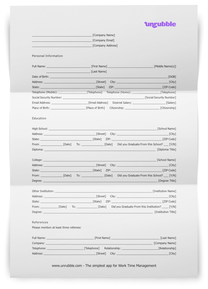Job Application Form Template Free Download Unrubble Templates