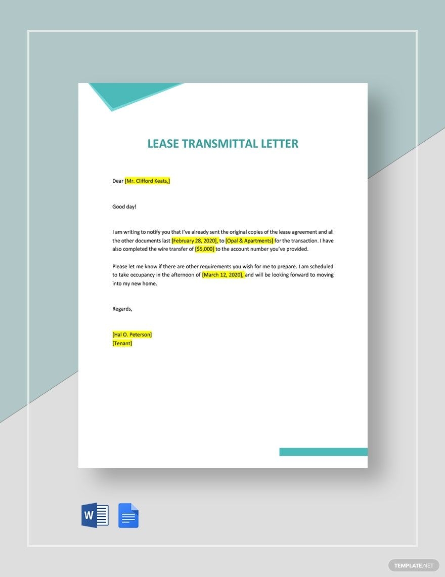 Lease Transmittal Letter In Word Pages PDF Google Docs Download Template