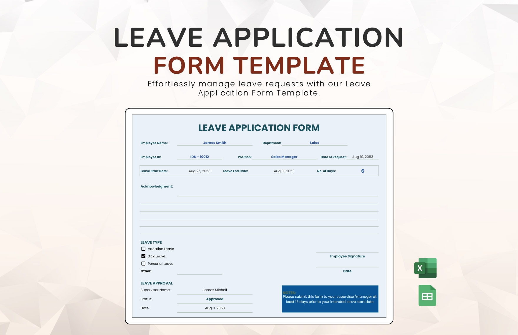 Leave Application Form Template In Excel Google Sheets Download Template