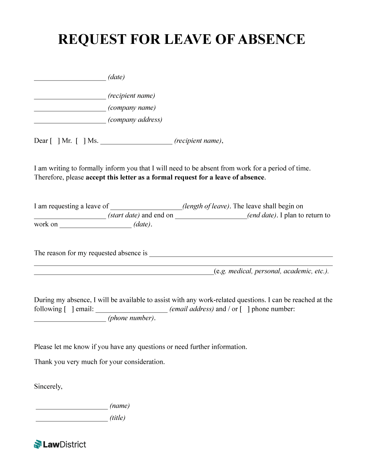 Leave Of Absence Letter Work Free Download LawDistrict