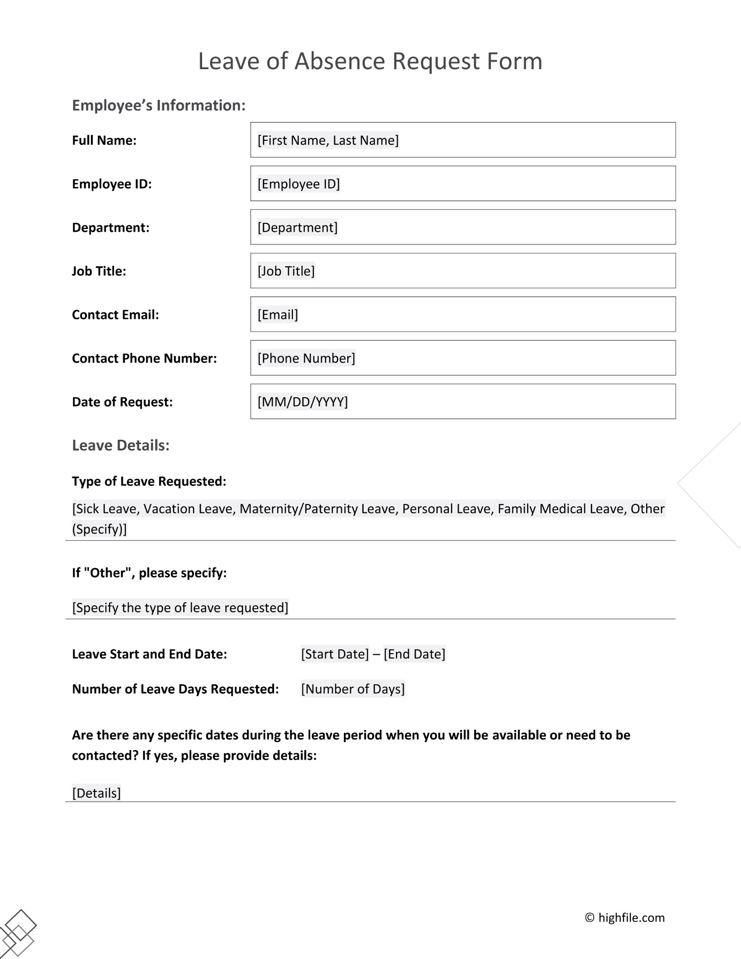 Leave Of Absence Request Form Word PDF Google Docs Highfile