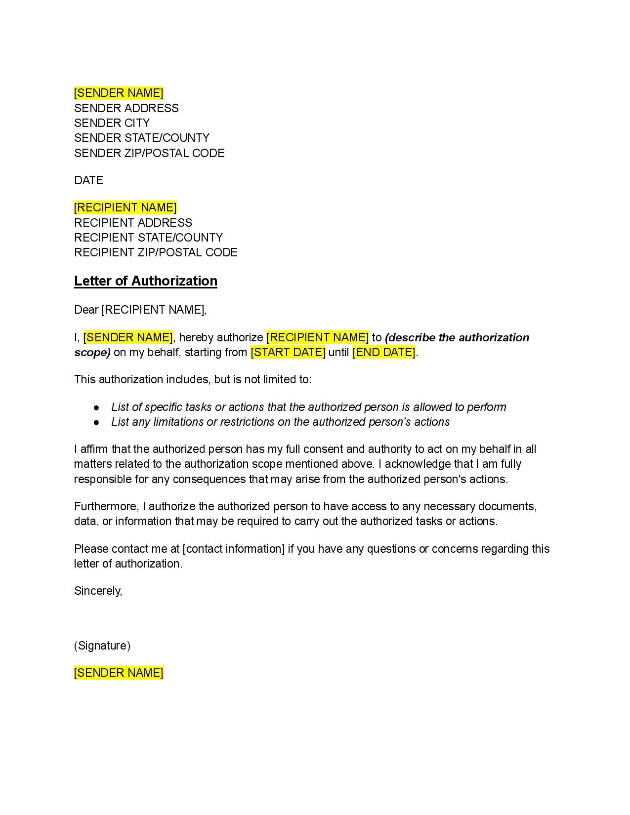 Letter Of Authorization Template Free Download Easy Legal Docs