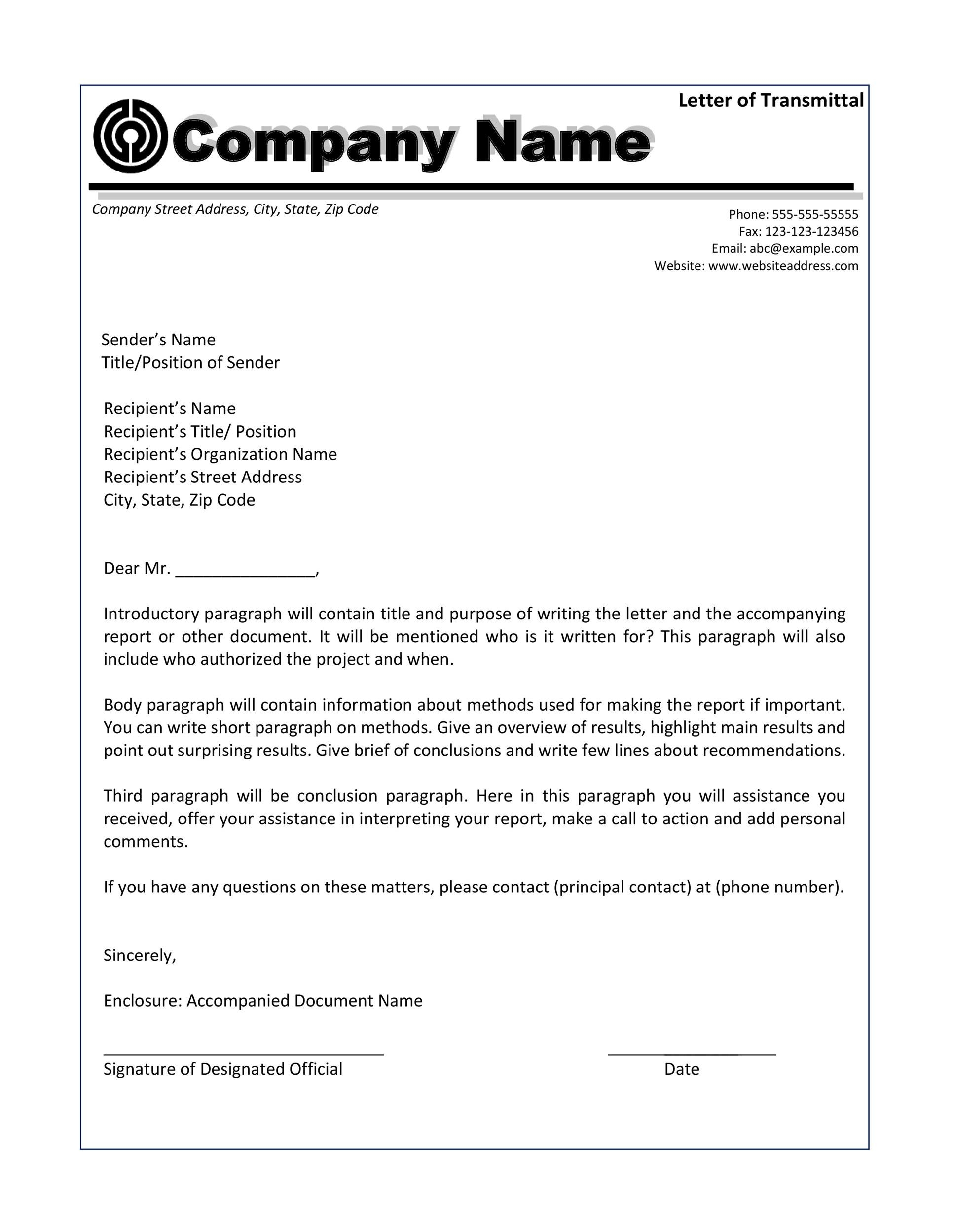 Letter Of Transmittal 40 Great Examples Templates TemplateLab