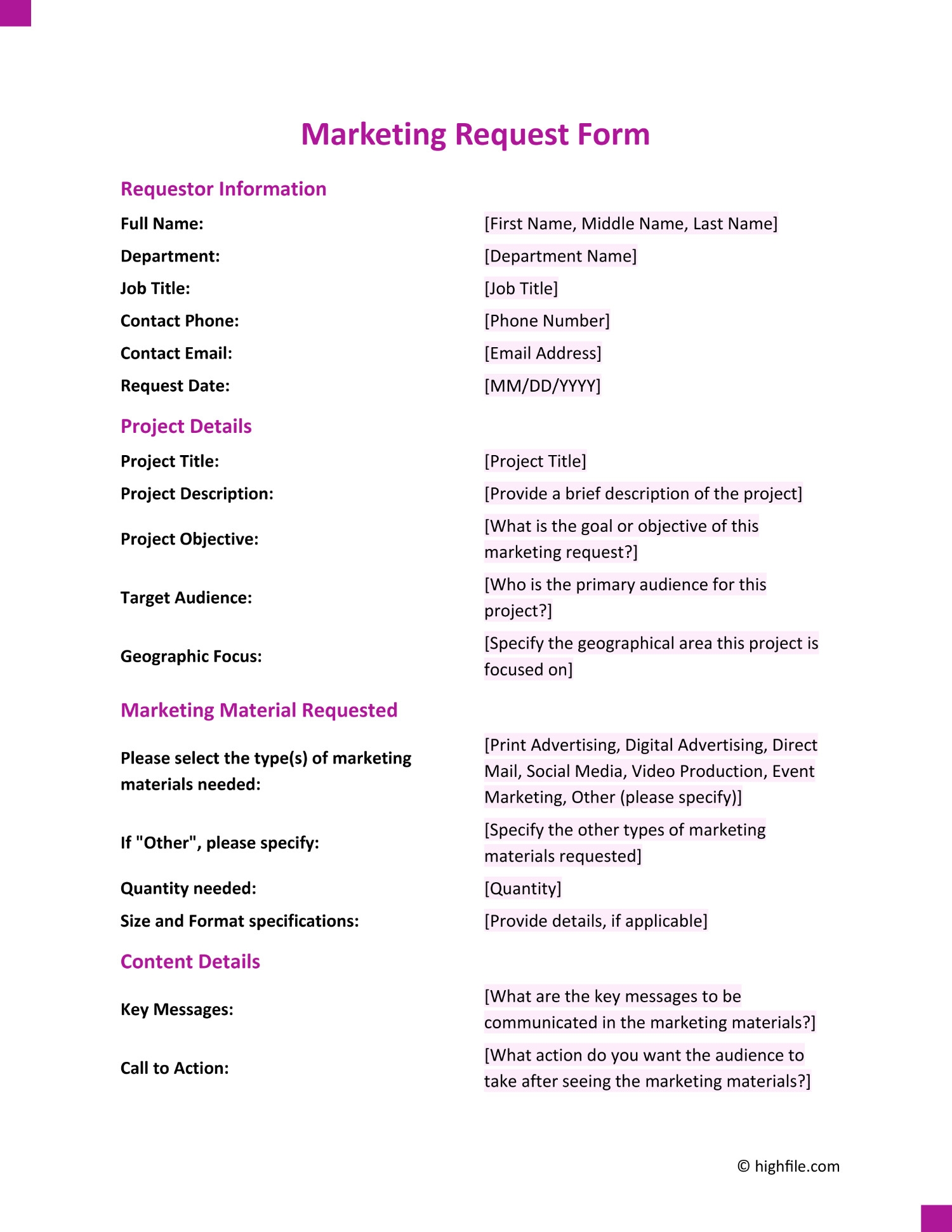 Marketing Request Form Word PDF Google Docs Highfile