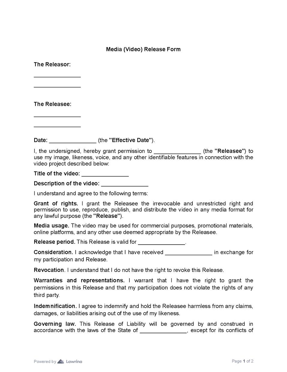 Media Video Release Form Template PDF Lawrina
