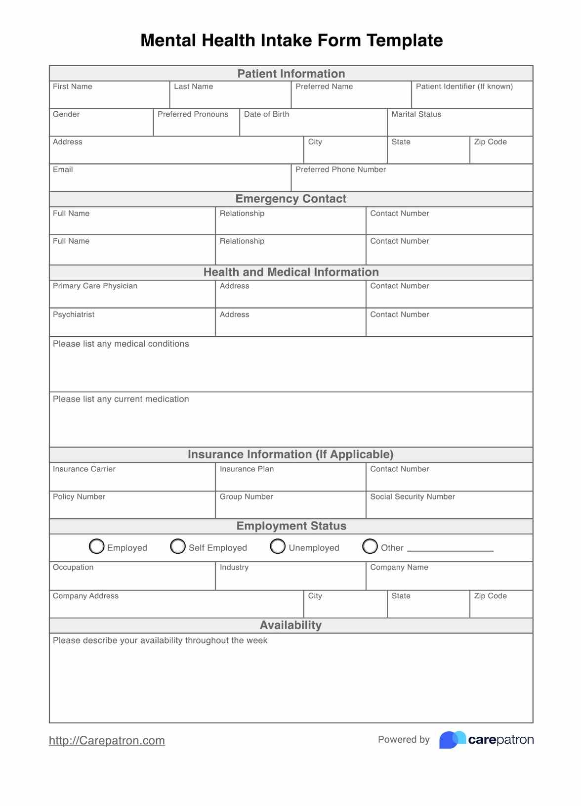Mental Health Intake Form Template Free PDF Download