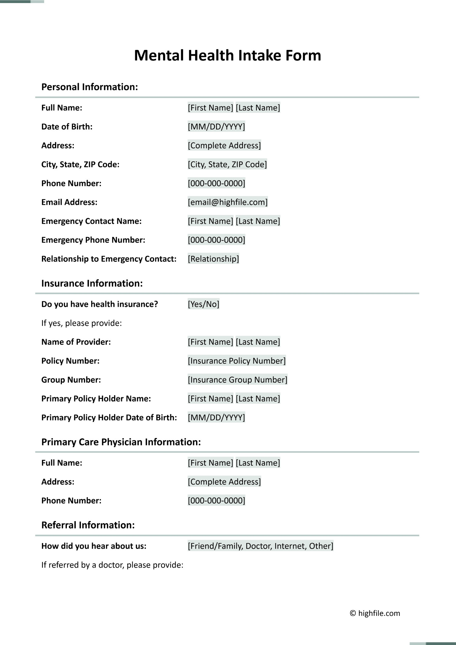 Mental Health Intake Form Word Google Docs Highfile