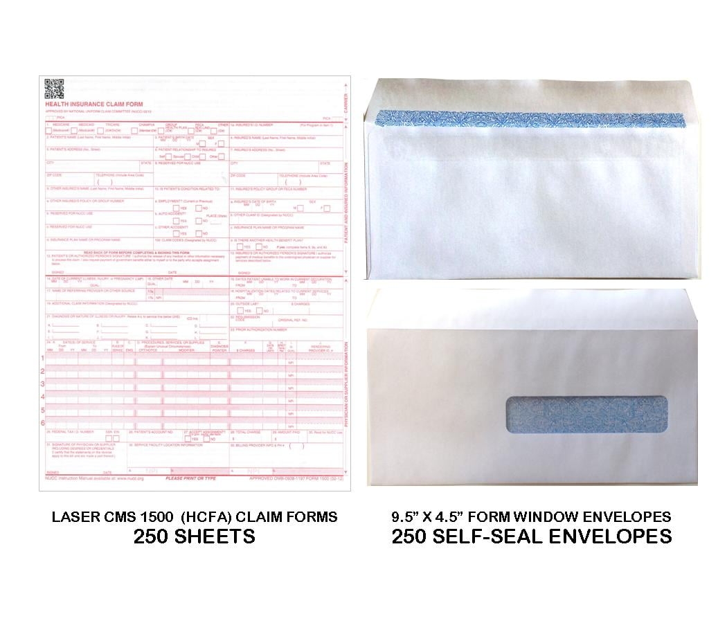 New CMS 1500 HCFA Insurance Claim Forms And Self Seal No 10 1 2 Tinted Window Envelopes 250 FORMS AND ENVELOPES Walmart