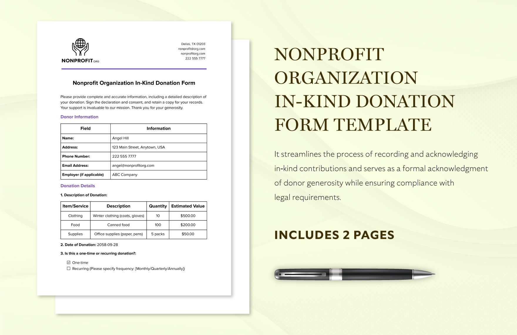 Nonprofit Organization In Kind Donation Form Template In Google Docs Word PDF Download Template