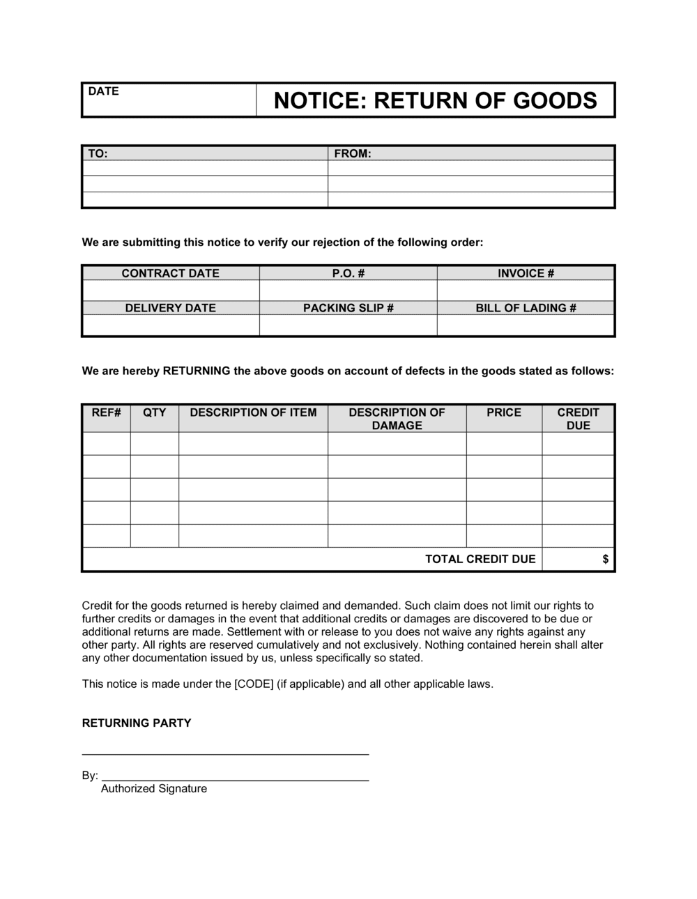 Notice For Return Of Goods Template