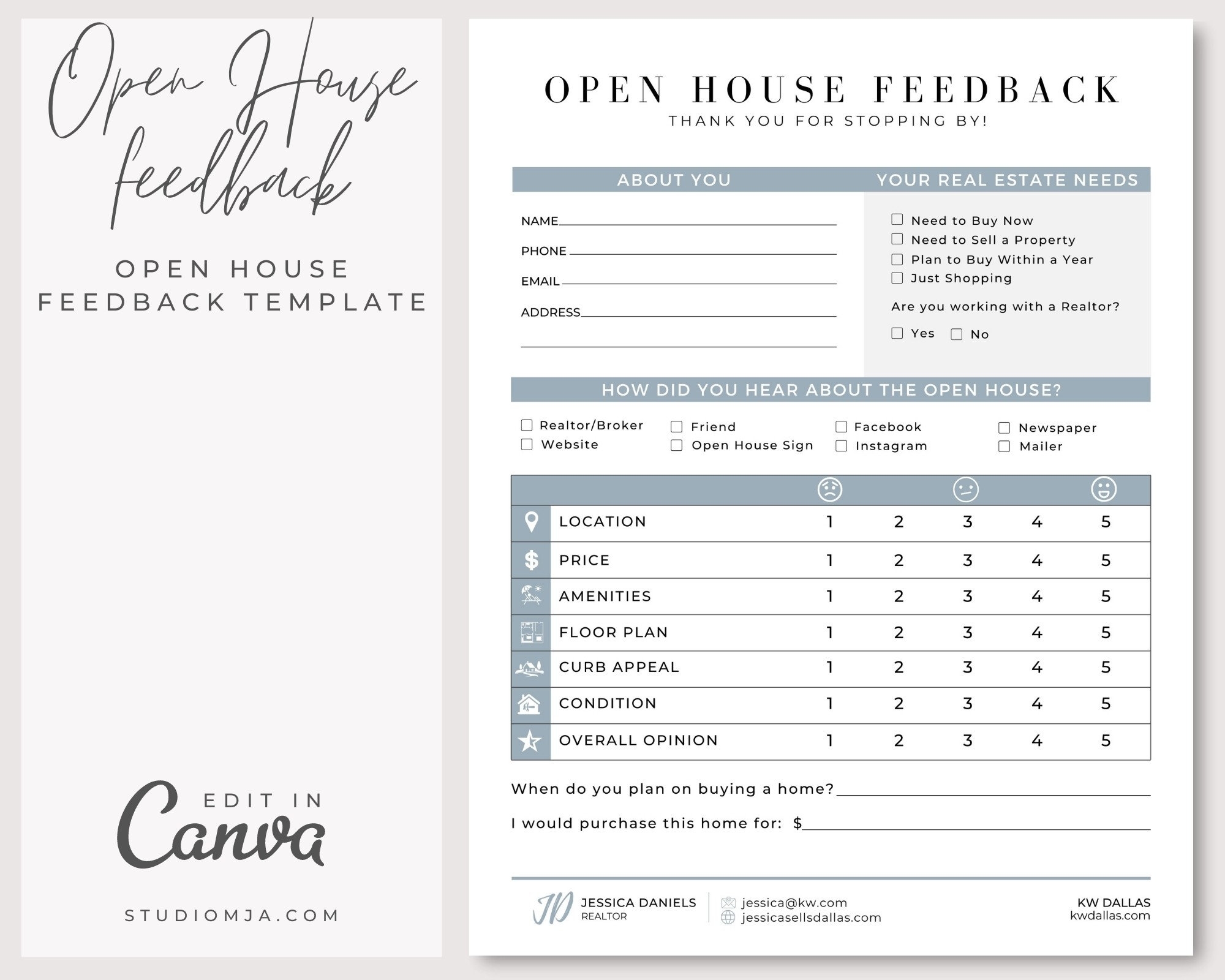 Open House Feedback Form Open House Signin Canva Template Realtor Download Template Etsy