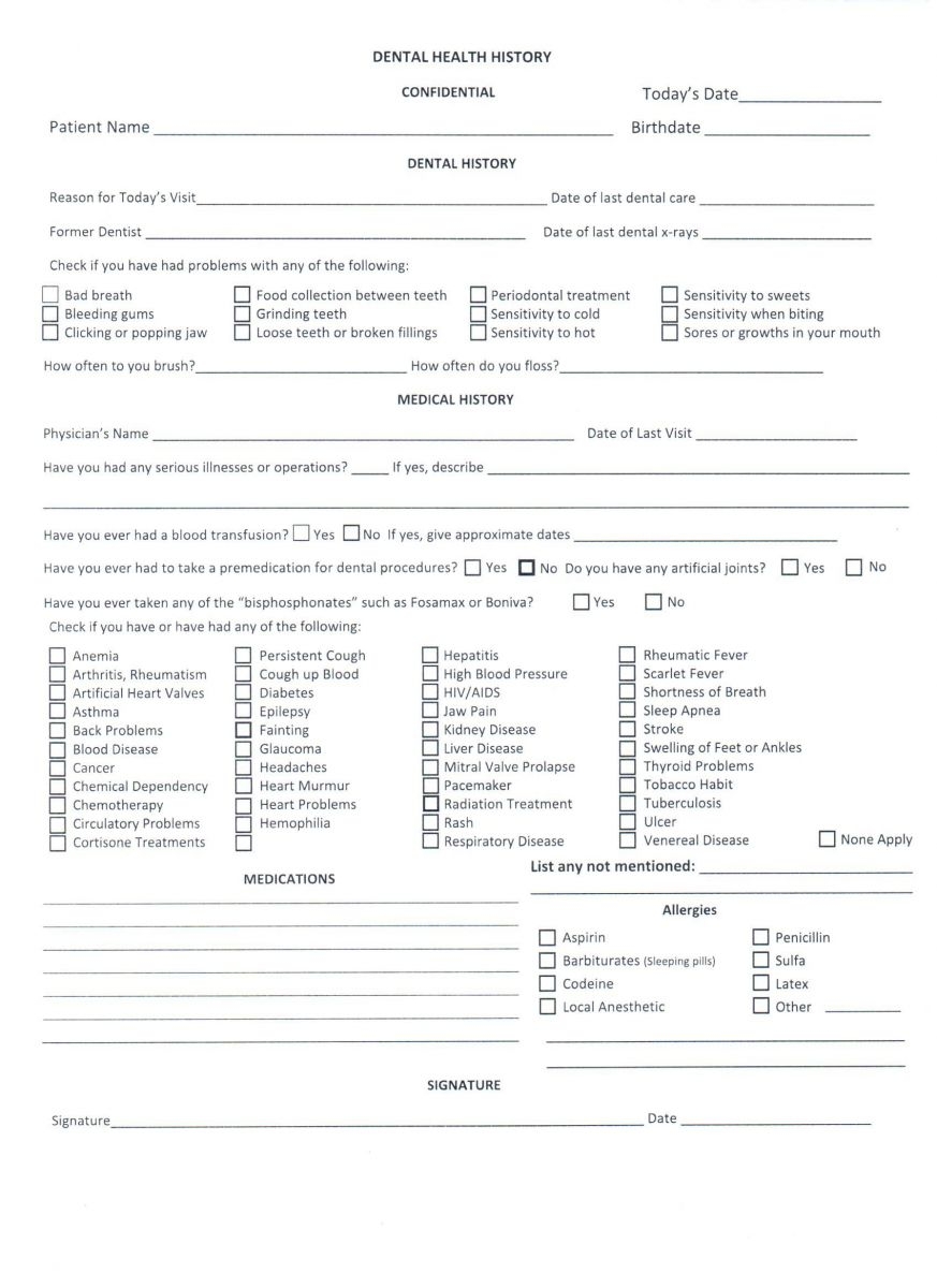 Dental Health History Form Template