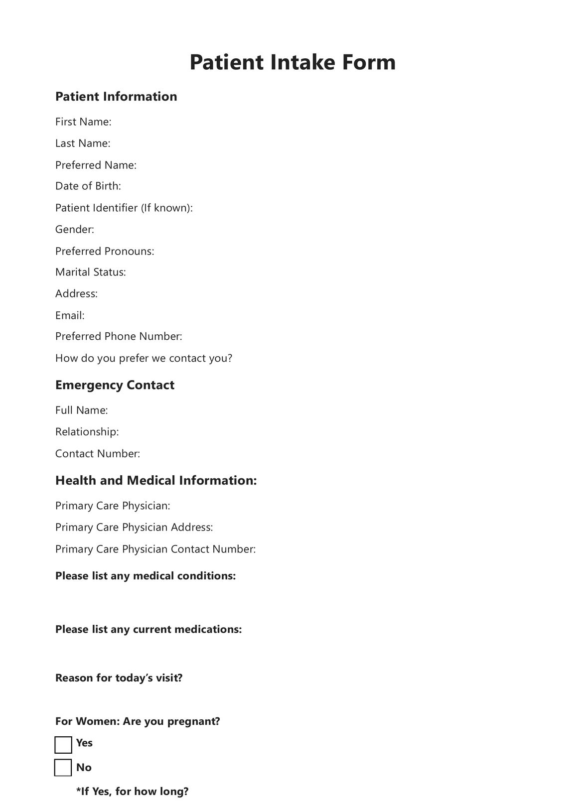 Patient Intake Form Template Example Free PDF Download