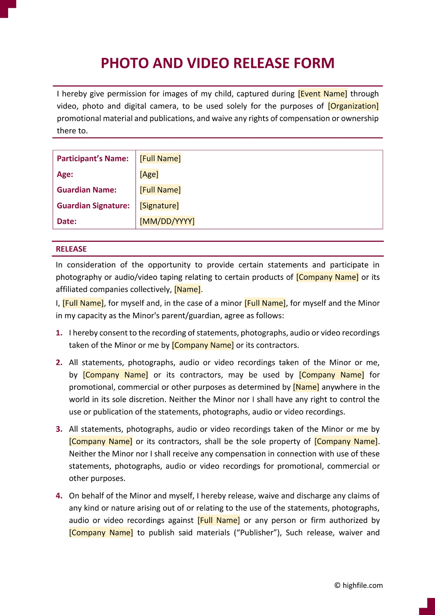 Photo And Video Release Form Word PDF Google Docs Highfile