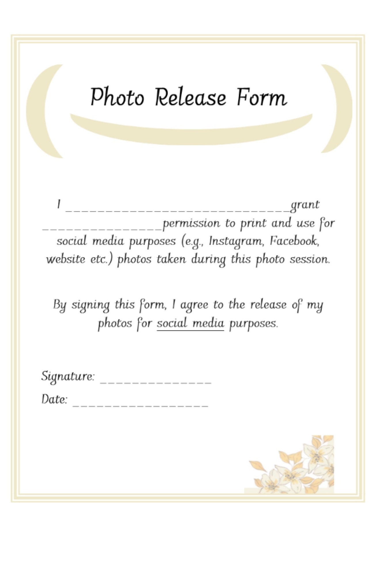 Photo Release Form 1 Photo Consent Form General Digital Print Template Customize Word Release Form For Dummies Yellow Etsy