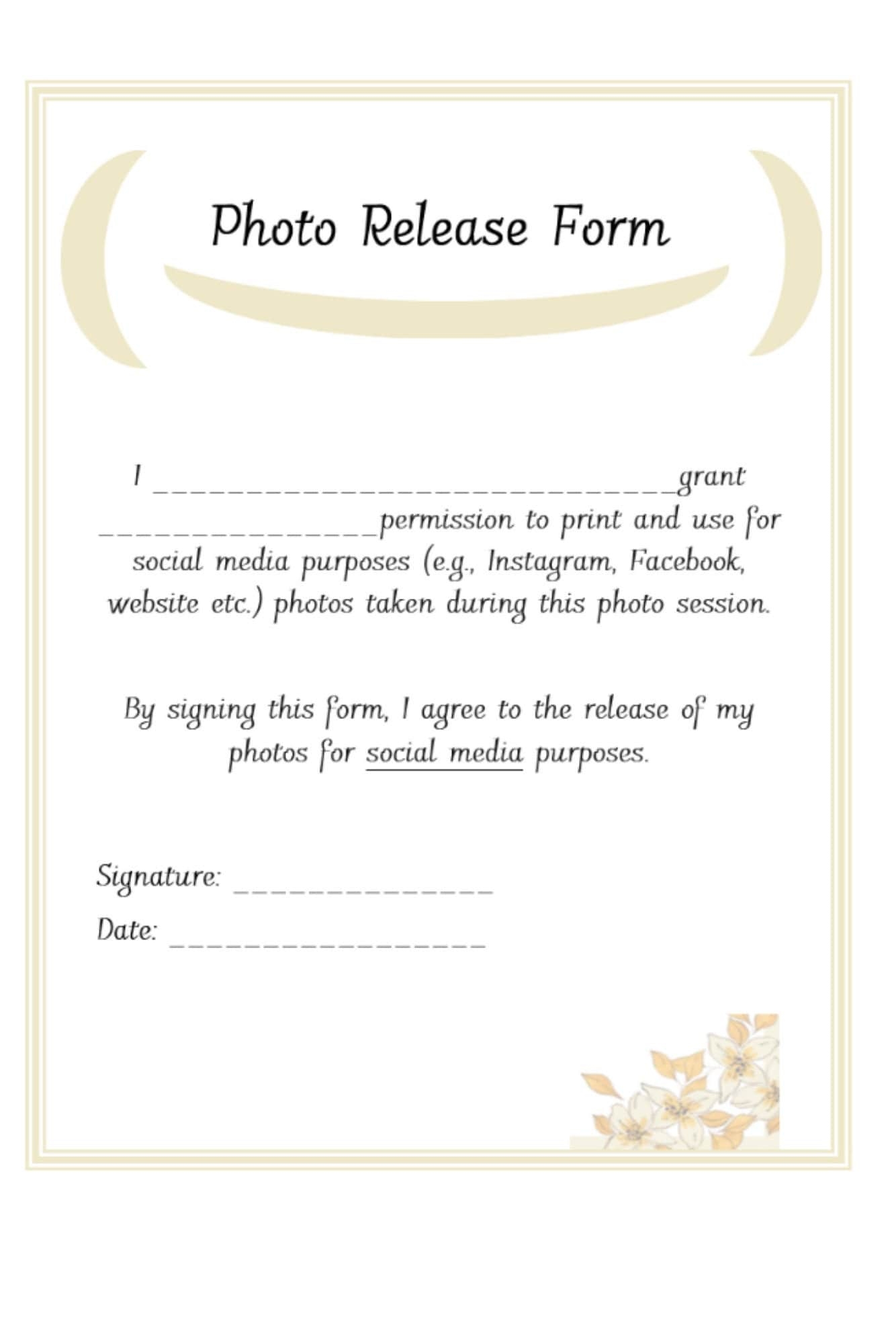 Photo Release Form 1 Photo Consent Form General Digital Print Template Customize Word Release Form For Dummies Yellow Etsy